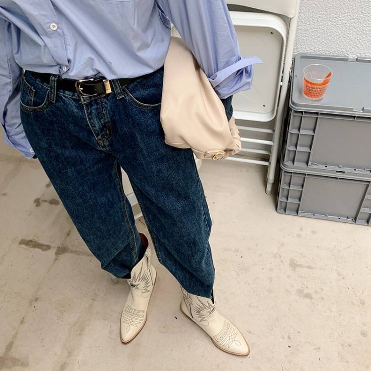 Handsome and fresh ~ Polarot denim boots Female summer new retro embroidery boots leather white short boots