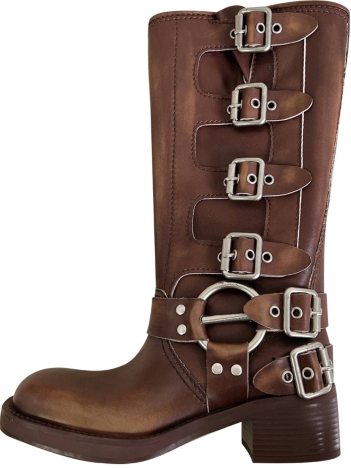 MIU*thick and Martin boots female leather retro but knee thick legs boots widened the large size western size 41-43