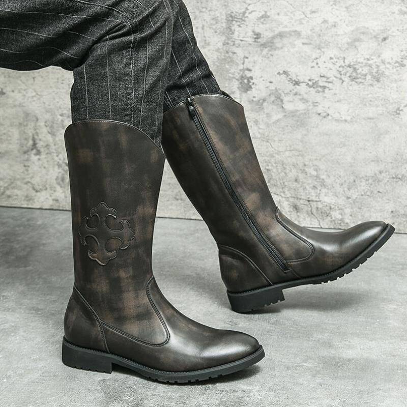 American brown Martin Boots Men's Autumn and Winter Western denim workers embroidered long tube side zipper high -top riding boots