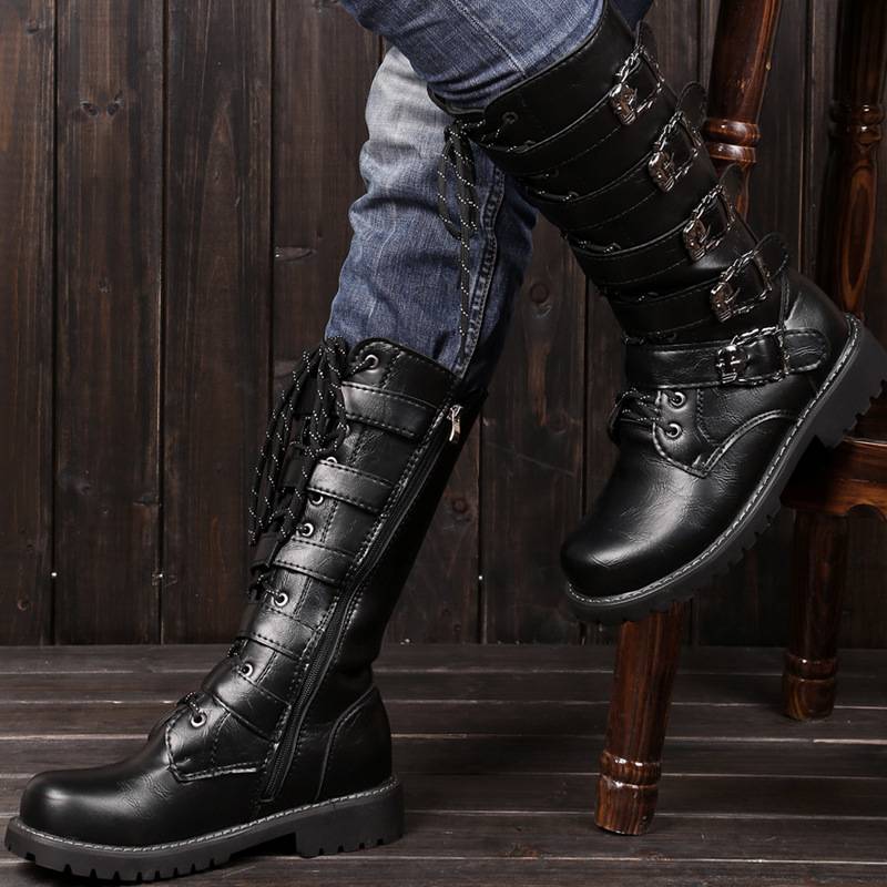 Personal metal buckle high -pipe Martin boots, large size leather boots, tide men's interior performance leather ride boots