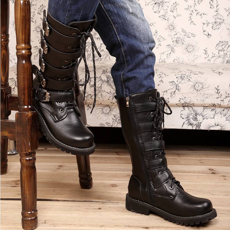 Personal metal buckle high -pipe Martin boots, large size leather boots, tide men's interior performance leather ride boots