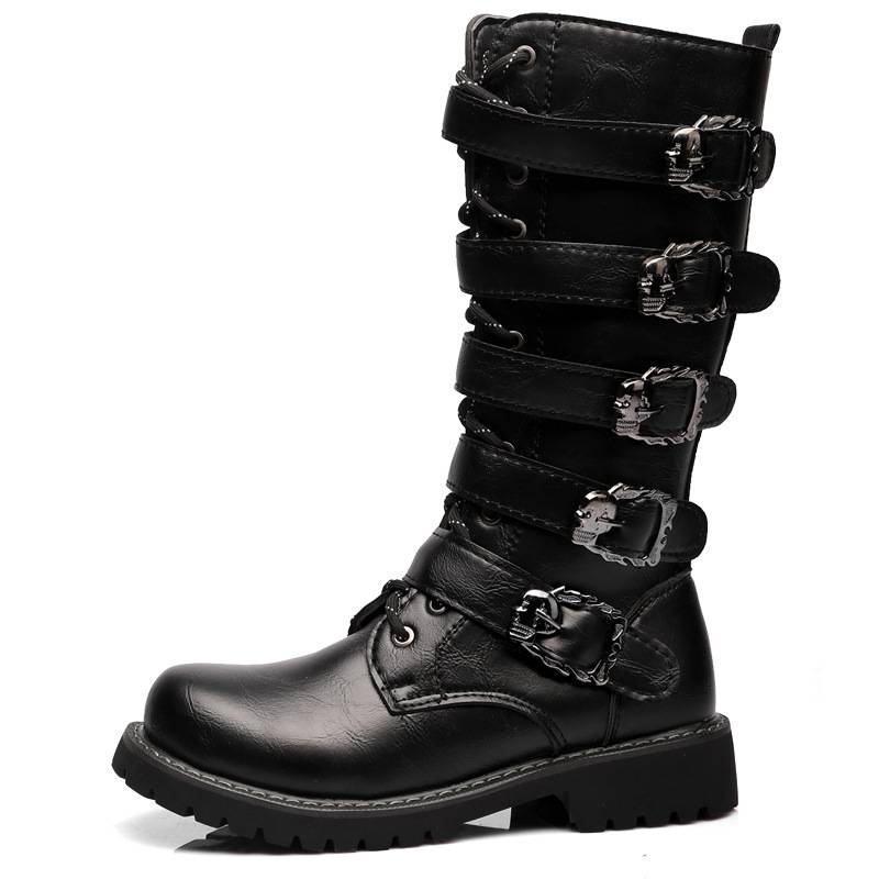 Personal metal buckle high -pipe Martin boots, large size leather boots, tide men's interior performance leather ride boots