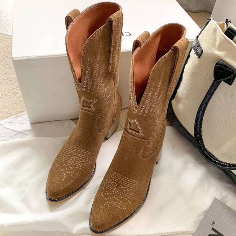 V -Cowboy Boots Women's Pipanus 2022 Autumn New Tide Vocal Riding Harles Boot Embroidery Mid -Big Women's Boots