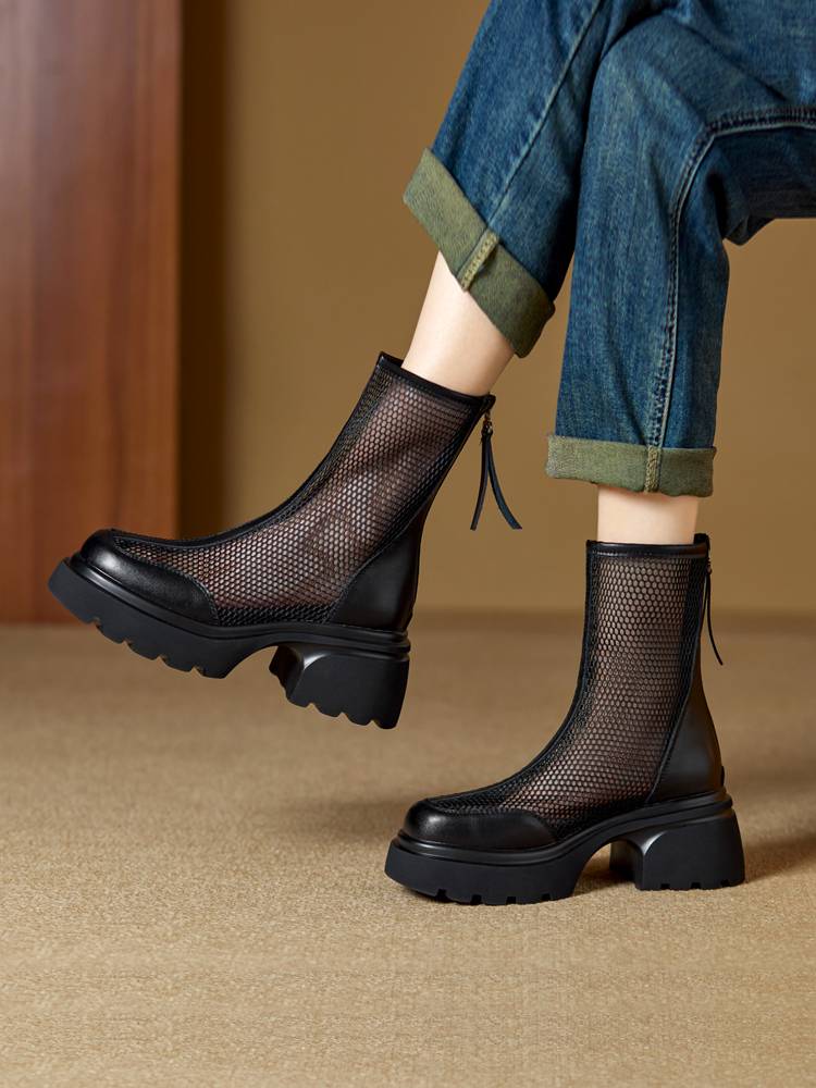 Guidi face high -heeled hollow Martin boots female summer thin British style thick heel boots leather net yarn