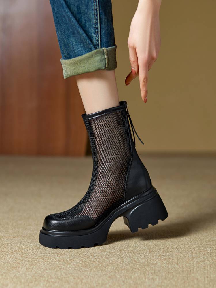 Guidi face high -heeled hollow Martin boots female summer thin British style thick heel boots leather net yarn