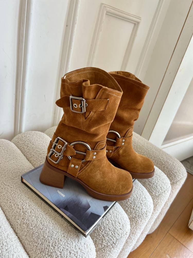 Fruits Caucutus Western denim boots Female leather thick heel rough boots retro square head brown high -heeled waste soil wind boots