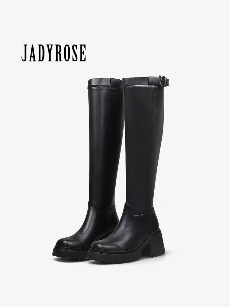 Jadyrose Spring and Autumn 2024 buckle boots, women's back zipper thick bottom thick heel and knee boots light -faced horse boots knight knight boots