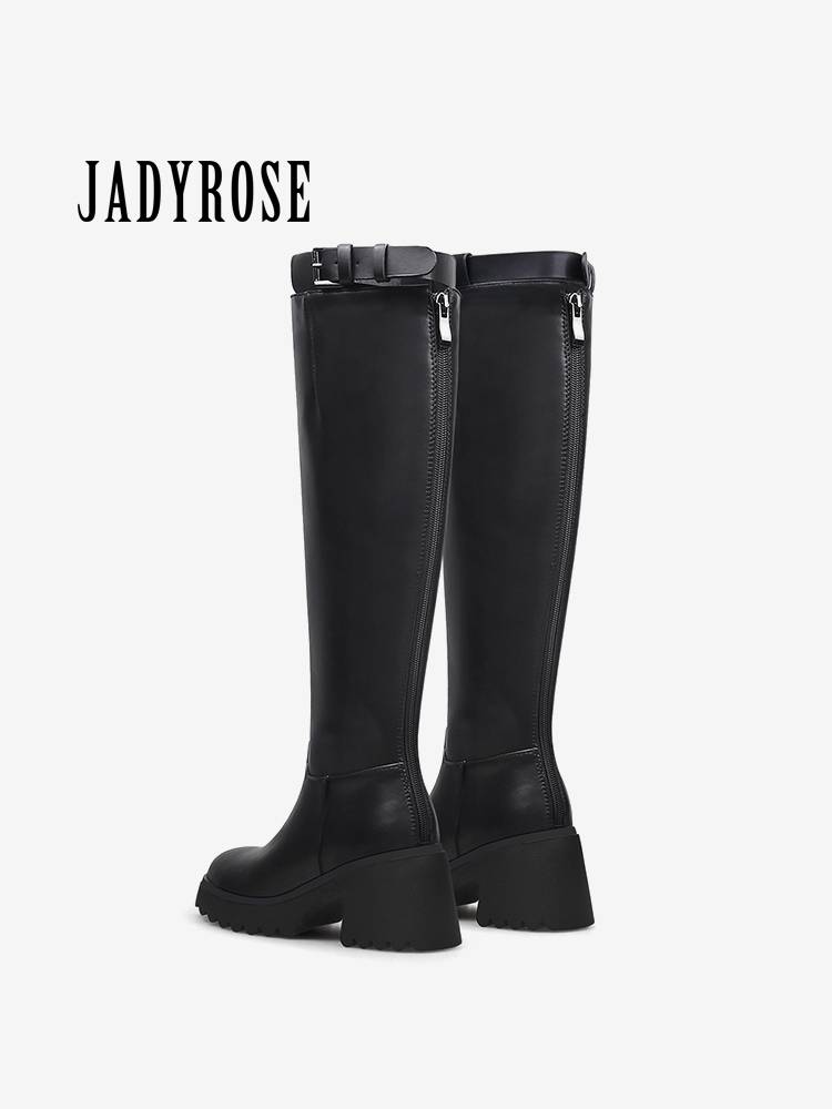 Jadyrose Spring and Autumn 2024 buckle boots, women's back zipper thick bottom thick heel and knee boots light -faced horse boots knight knight boots