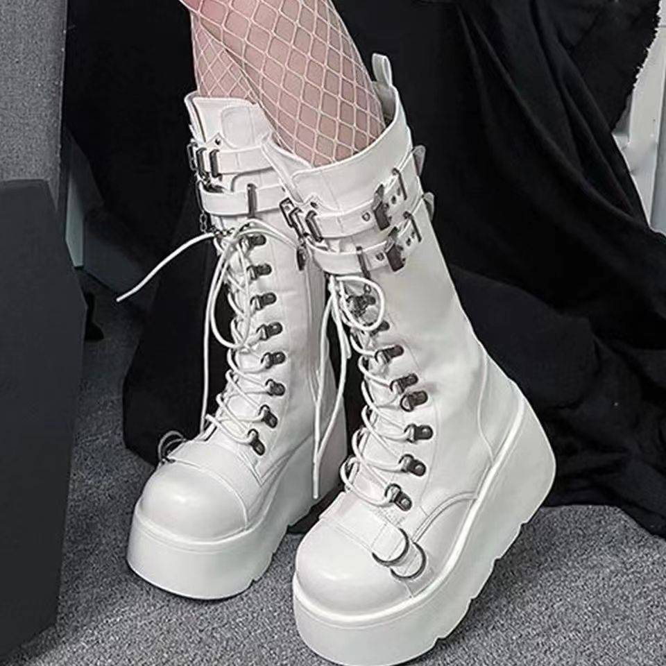 Demonia thick sole boots Y fashion leather noodle buckle slope and middle boots female punk hot girl long boots high -heeled women's boots