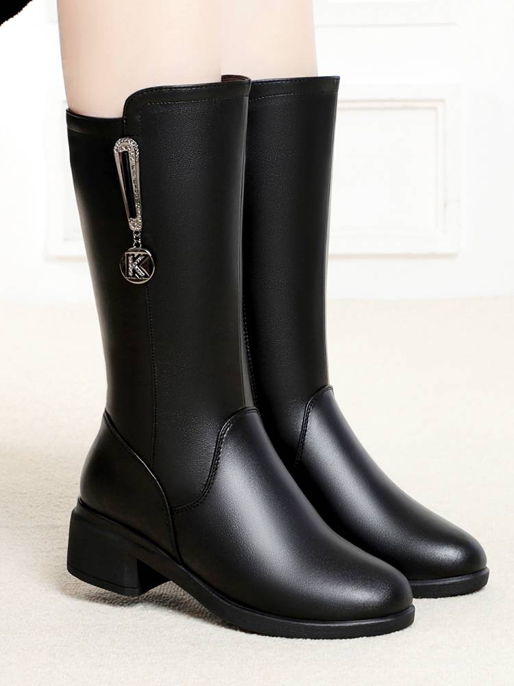 Mid -boots Women's leather high heels Women's shoes in winter plus mothers cotton shoes thick heel women's boots wool horse boots leather boots