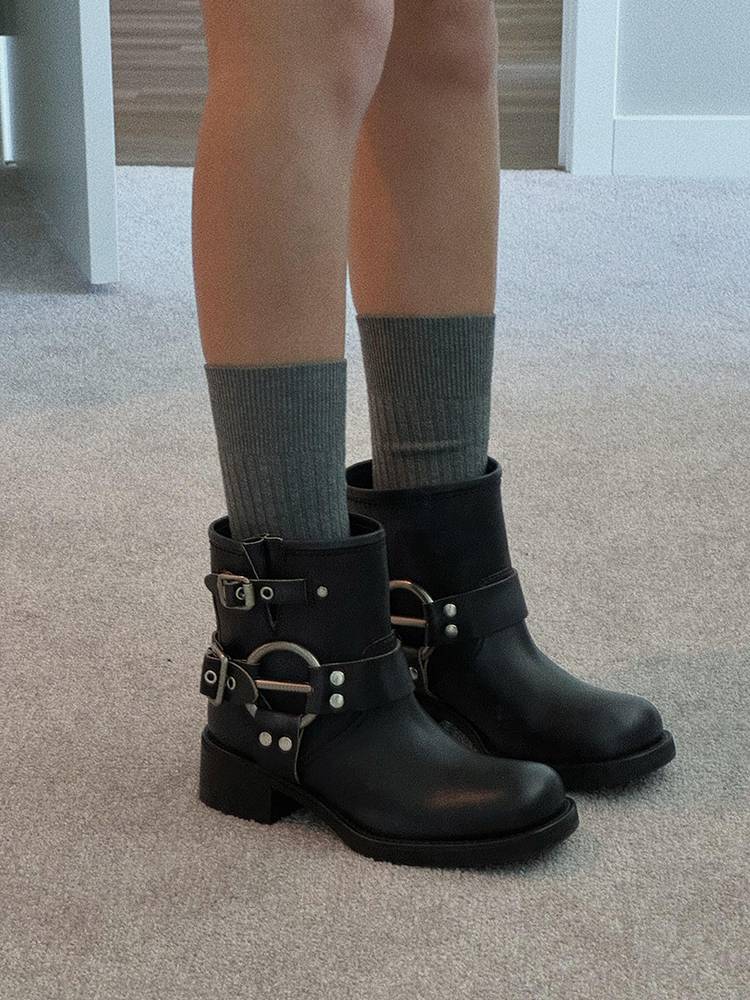 MIU*Retro color rubbing coarse -heeled metal belt buckle short boots female walking show, leather western denim boot Martin boots female