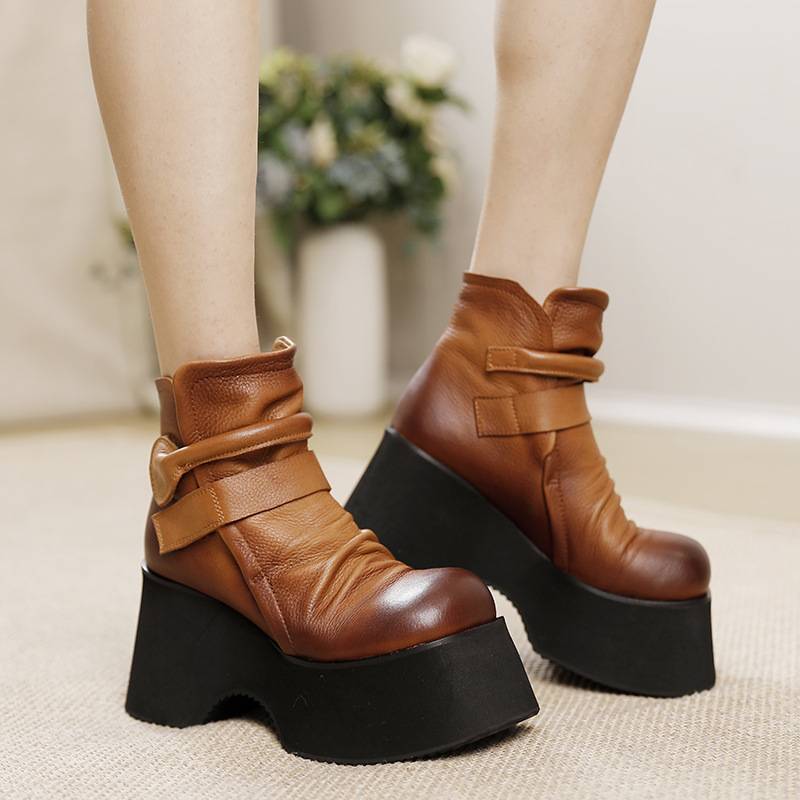 Original retro small handmade leather thick bottom short boots soft bottom ultra -high heel British style Martin boots slope round head