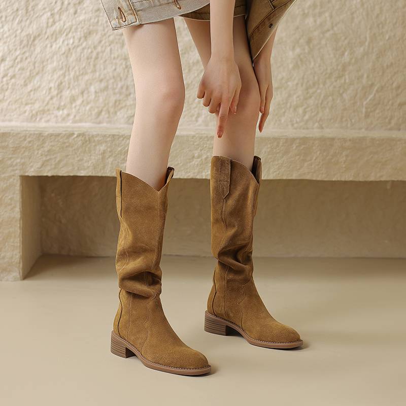 Mu Xiaoxi's scrub brown boots female high barrel 2024 new leather knight pile boots Marad western denim boots
