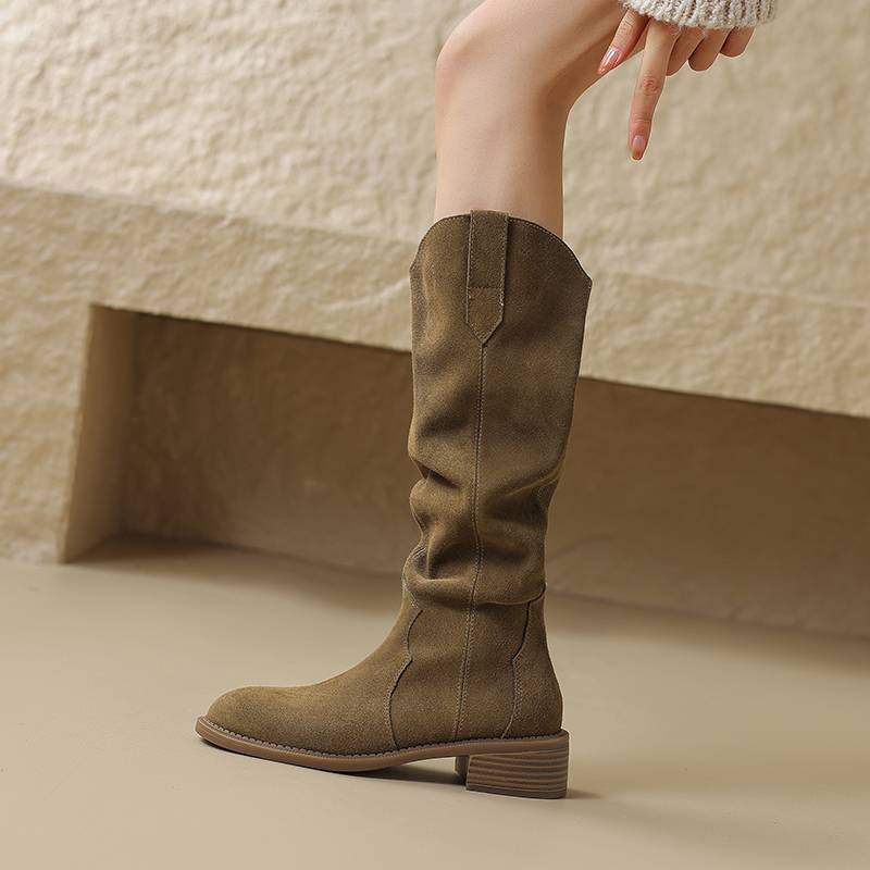 Mu Xiaoxi's scrub brown boots female high barrel 2024 new leather knight pile boots Marad western denim boots