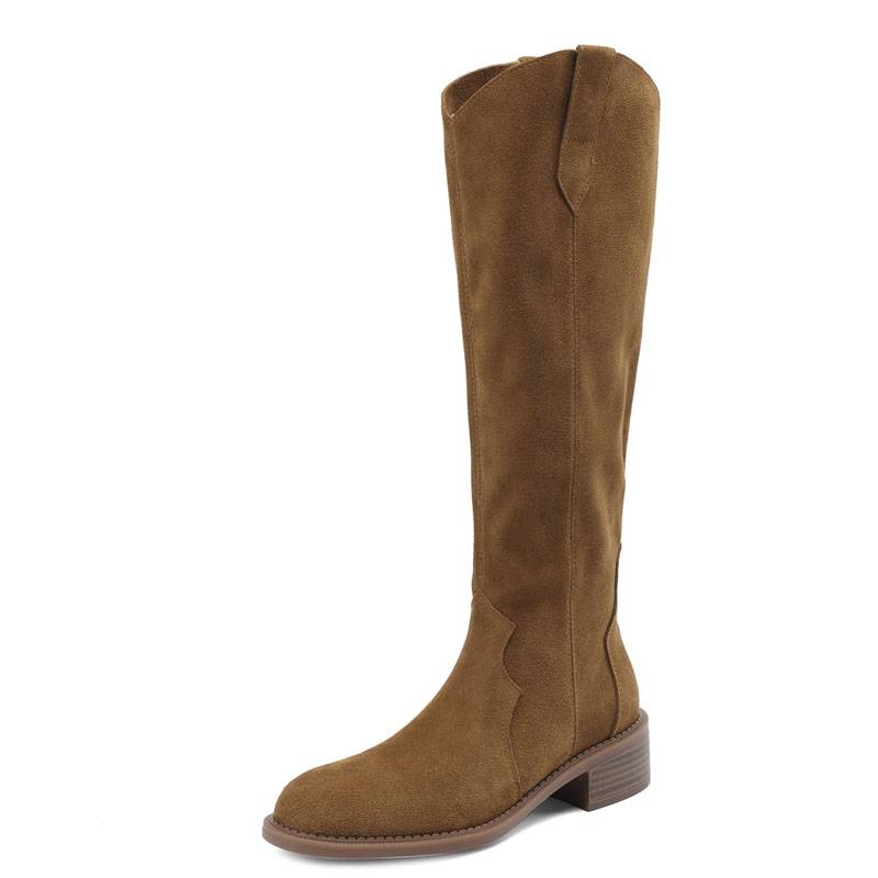 Mu Xiaoxi's scrub brown boots female high barrel 2024 new leather knight pile boots Marad western denim boots