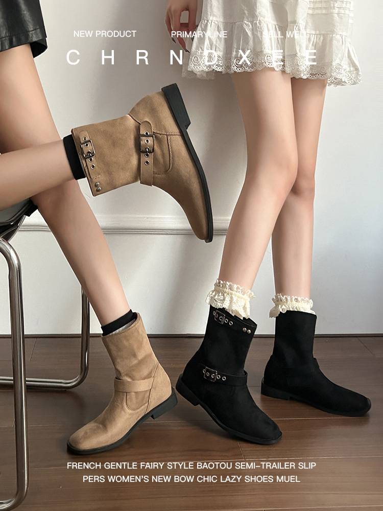 Cowhide version ~ 2024 new retro Mirad sleeve short boots female belt buckle surface thick heels with western denim boots