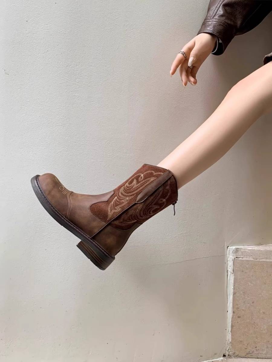 Leather retro British tourist wearing western boots embroidered knight boots, boots, female Martin boots, Martin Summer