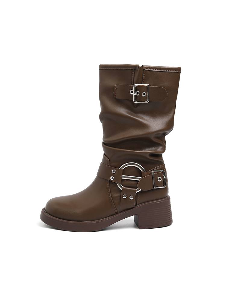 Cowhide version ~ Retro style high -healing Western denim boots female 2024 new belt buckle Merraid sleeve boots