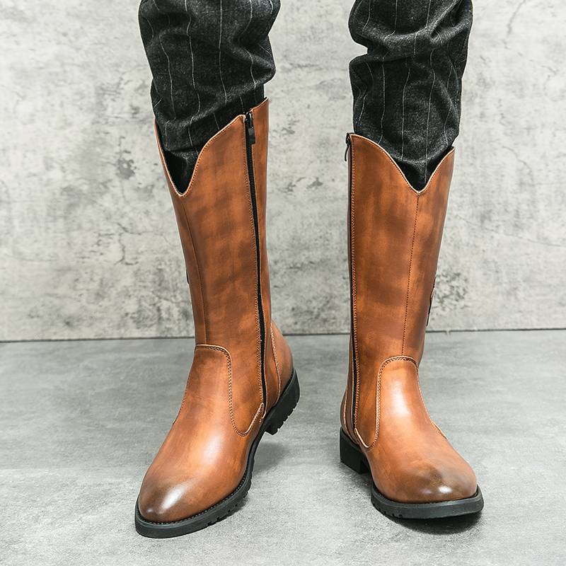American brown Martin Boots Men's Autumn and Winter Western denim workers embroidered long tube side zipper high -top riding boots
