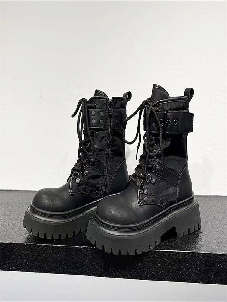 European goods leather Martin boots female 2024 retro increased black air -breathable trending locomotive short boots net red explosion fashion