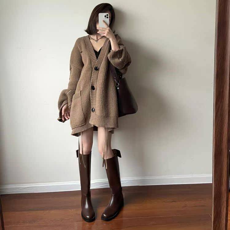 Small! Designer model!Brown cowhide boots female flat leisure round head knight boots autumn and winter long leather boots