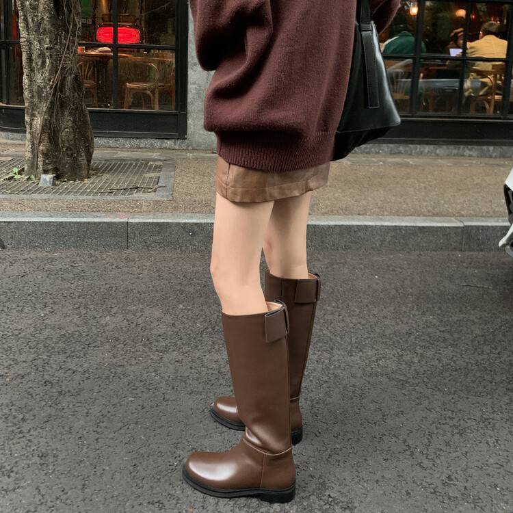 Small! Designer model!Brown cowhide boots female flat leisure round head knight boots autumn and winter long leather boots
