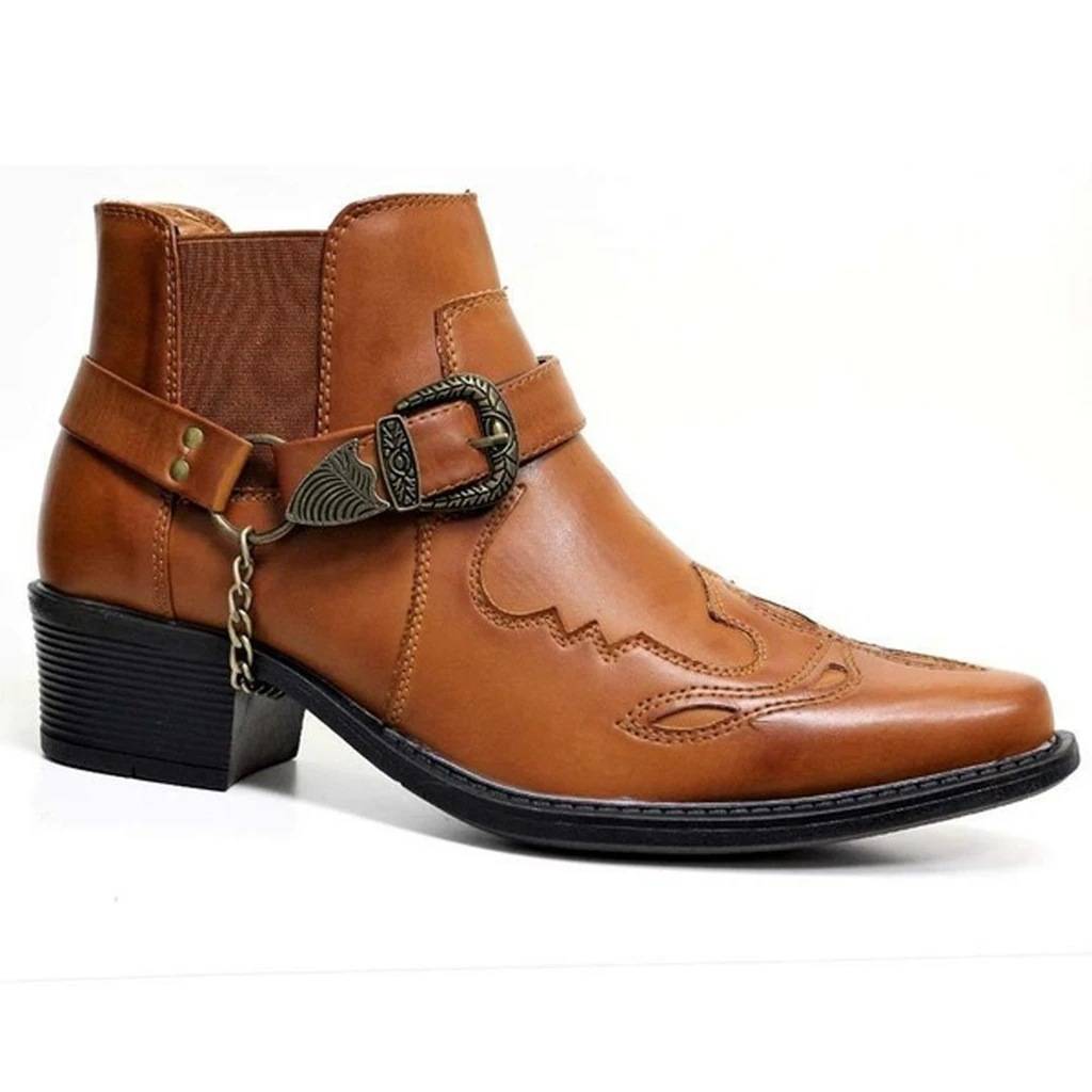 Trendly large size western denim boots men's short boots fashion personality belt buckle thick heel pointed pointed 38-48 Martin boots