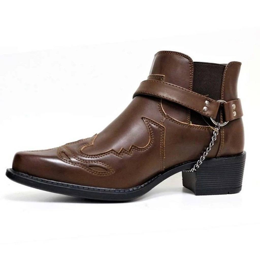 Trendly large size western denim boots men's short boots fashion personality belt buckle thick heel pointed pointed 38-48 Martin boots
