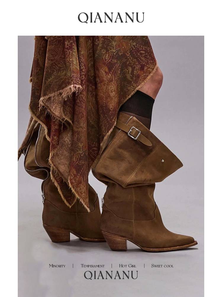 R high -tube American western denim boots large pile pile boots increase leather retro pointed knight boots female thick heel 3