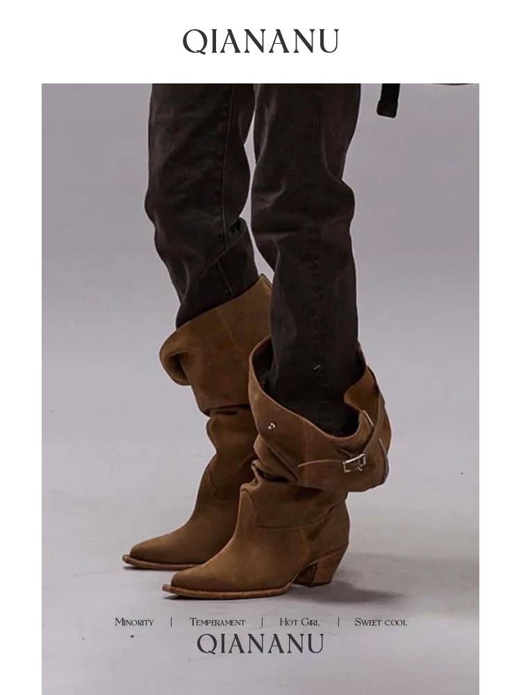 R high -tube American western denim boots large pile pile boots increase leather retro pointed knight boots female thick heel 3