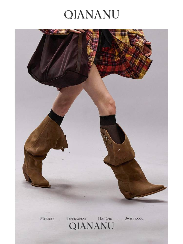 R high -tube American western denim boots large pile pile boots increase leather retro pointed knight boots female thick heel 3