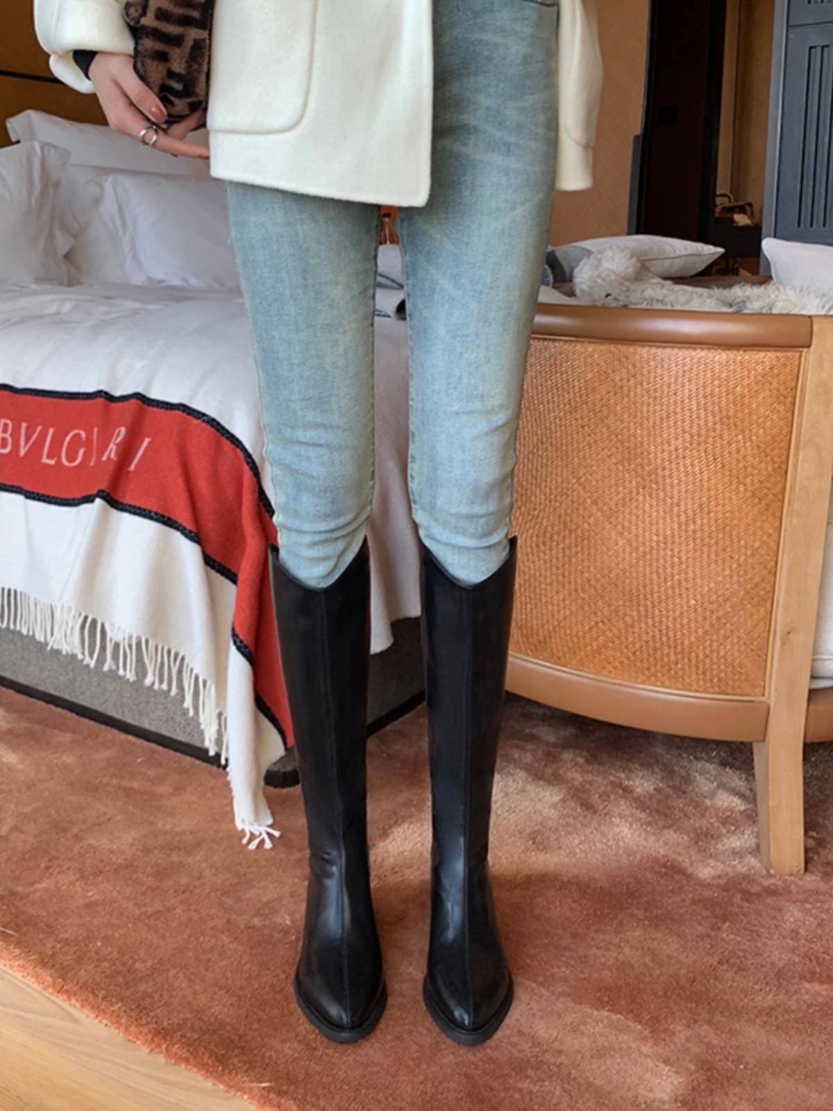Rear zipper thick soles of leather boots V mouth western denim boots female high -heeled knight boots boots boots high boots long boots