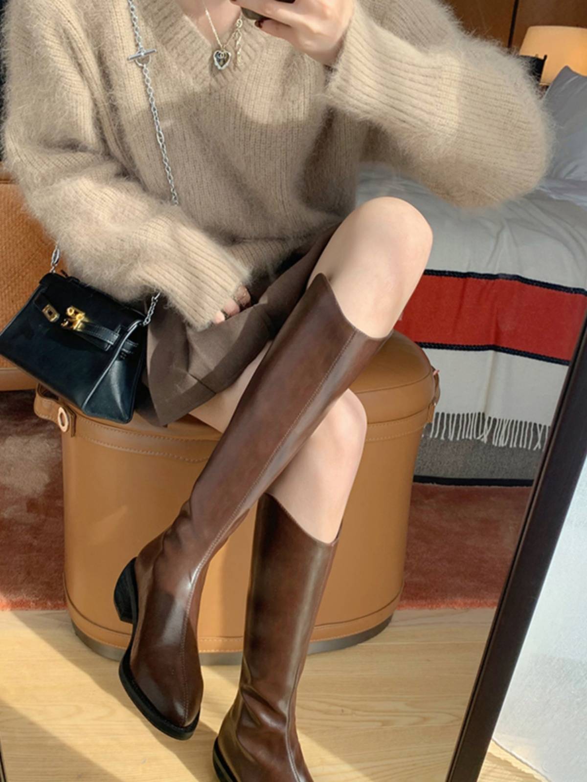 Rear zipper thick soles of leather boots V mouth western denim boots female high -heeled knight boots boots boots high boots long boots