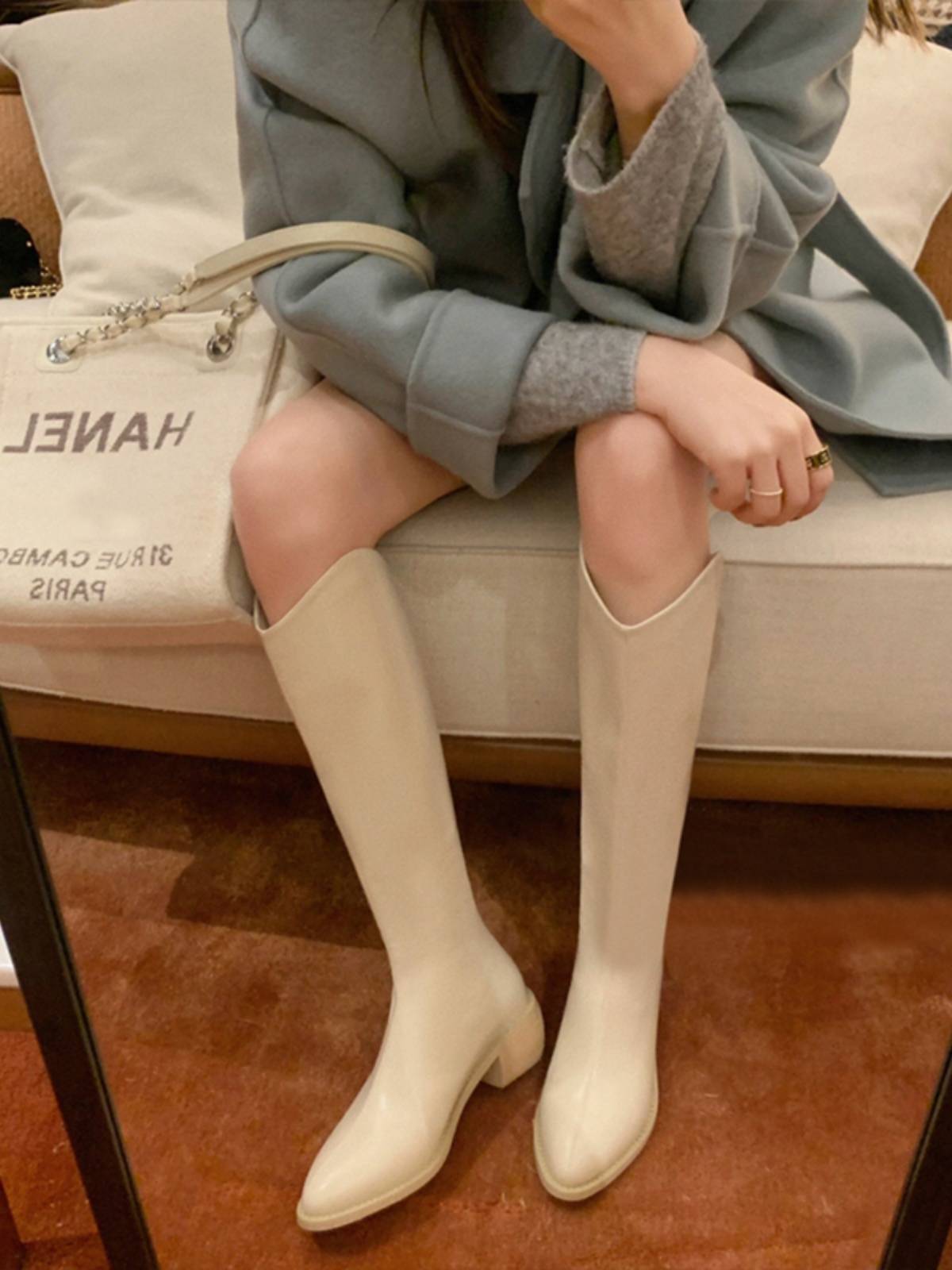 Rear zipper thick soles of leather boots V mouth western denim boots female high -heeled knight boots boots boots high boots long boots