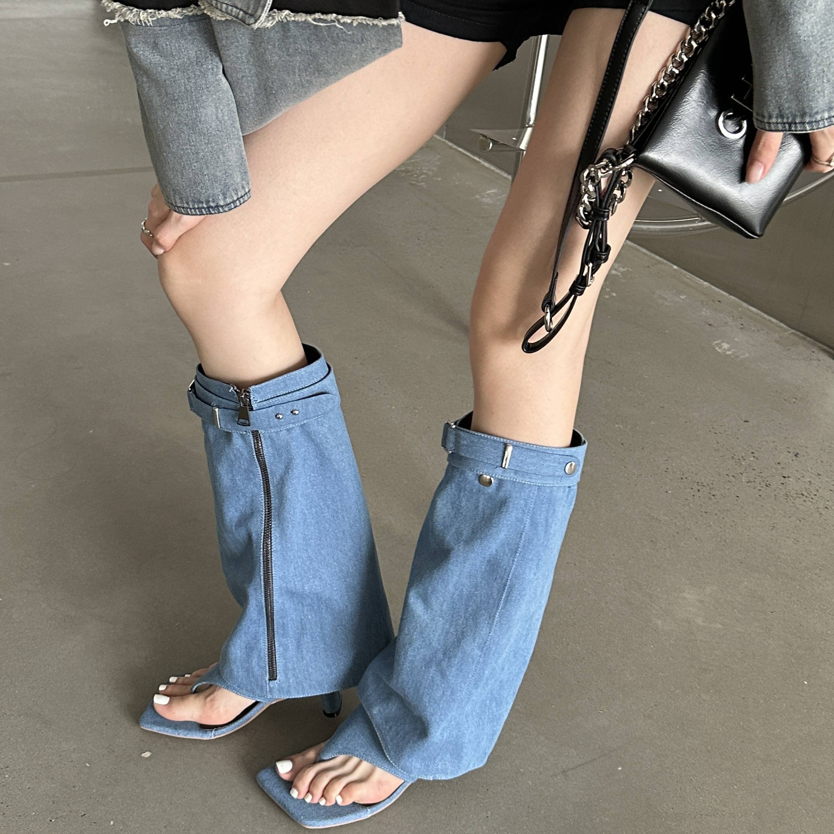 Square -headed toe character slippers 2023 spring and summer new style western denim boots hot girl trousers tube long boots, sandals women's sandals
