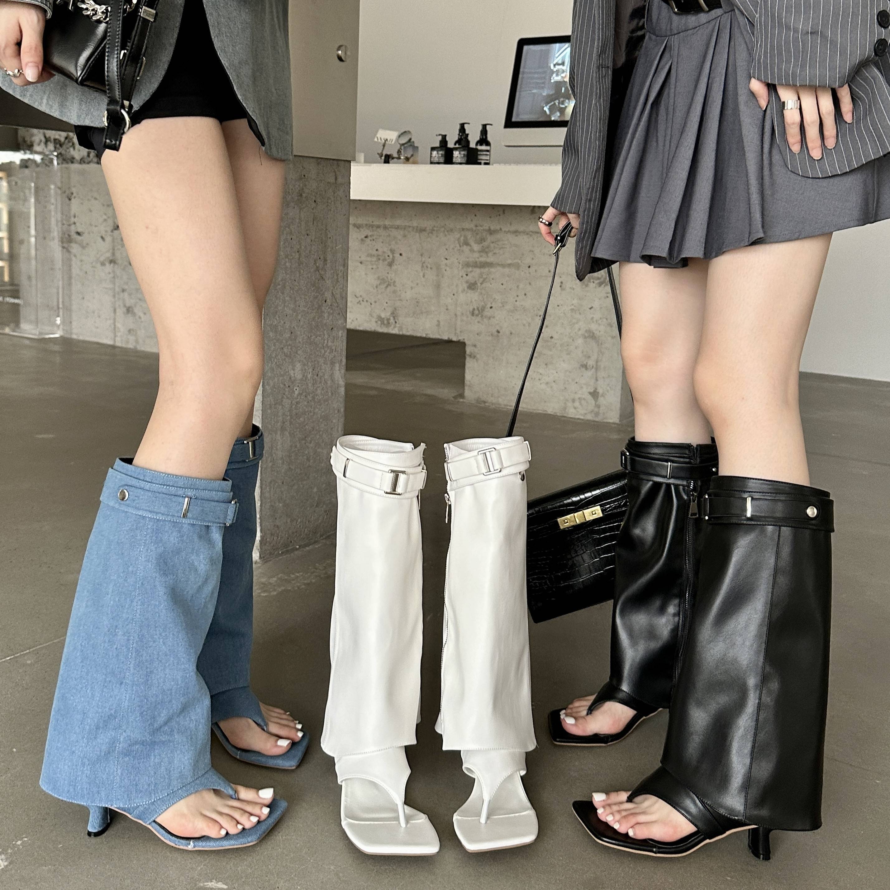 Square -headed toe character slippers 2023 spring and summer new style western denim boots hot girl trousers tube long boots, sandals women's sandals