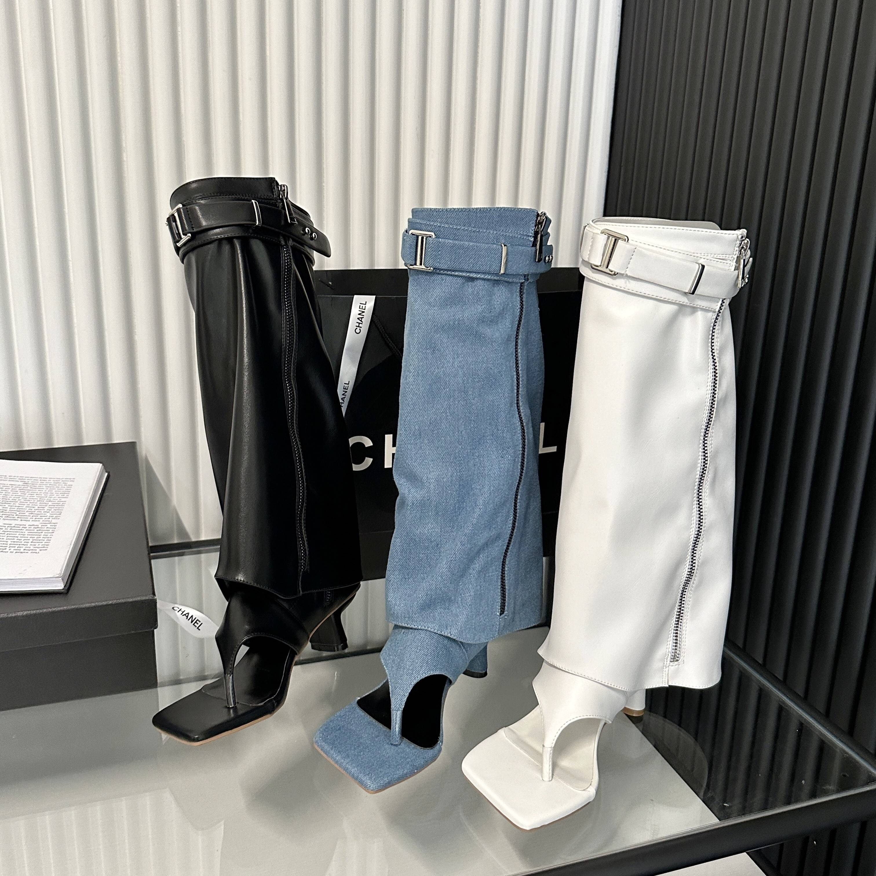 Square -headed toe character slippers 2023 spring and summer new style western denim boots hot girl trousers tube long boots, sandals women's sandals