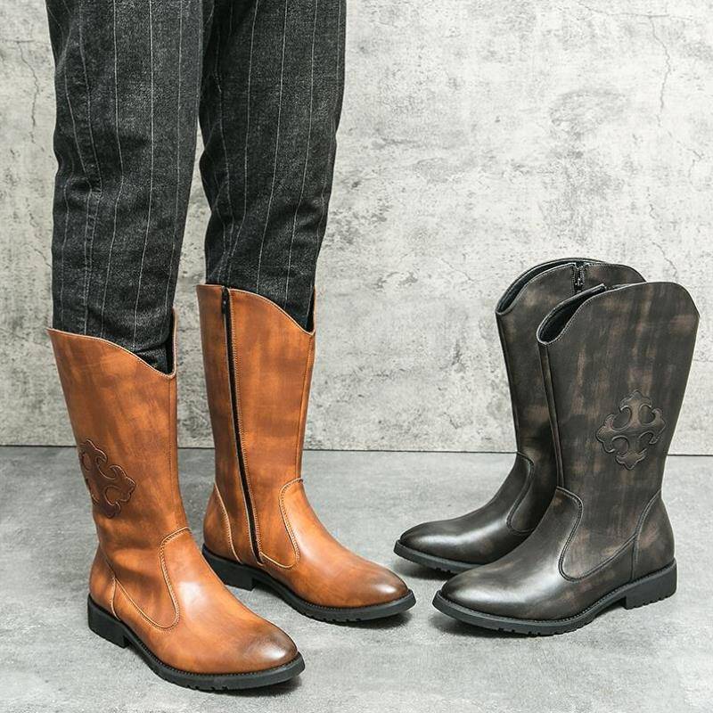 American brown Martin Boots Men's Autumn and Winter Western denim workers embroidered long tube side zipper high -top riding boots