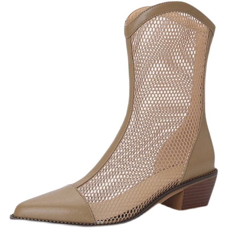 Jingqian black V mouth hollow short cylindrical boots female 2024 summer rough heel pointed back zipper Martin boots