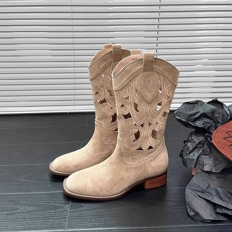 Embroidery hollow western denim boots female 2024 new summer boots square head V
