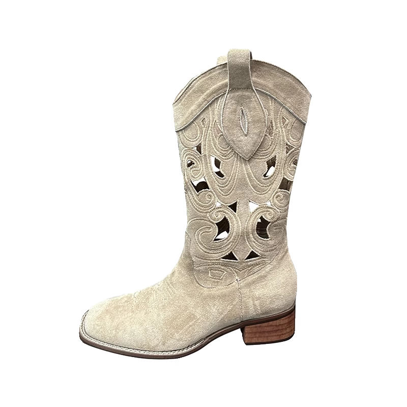 Embroidery hollow western denim boots female 2024 new summer boots square head V
