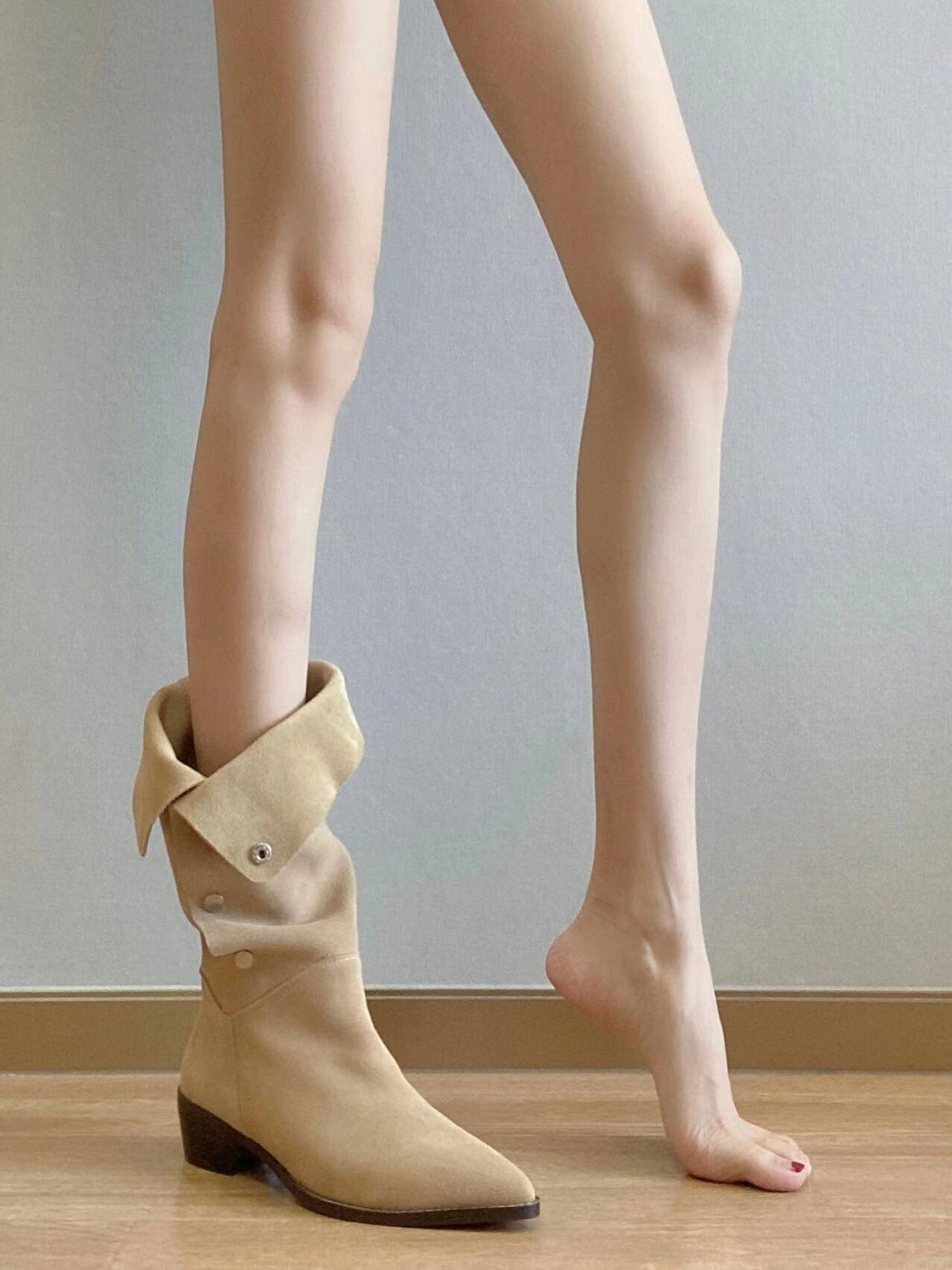 One shoe, two cowhide western denim boots female retro boots female coarse heel sleeve middle boots pointed pointed horse boots children