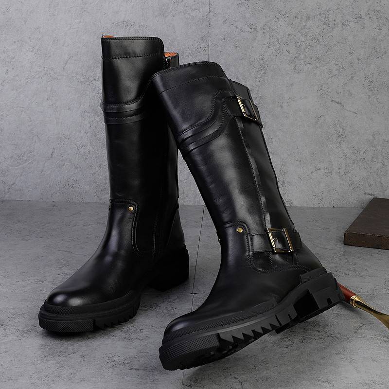 2023 new high boots leather horse boots long boots thick bottom winter trendy men's boots Korean cowhide boots Martin boots