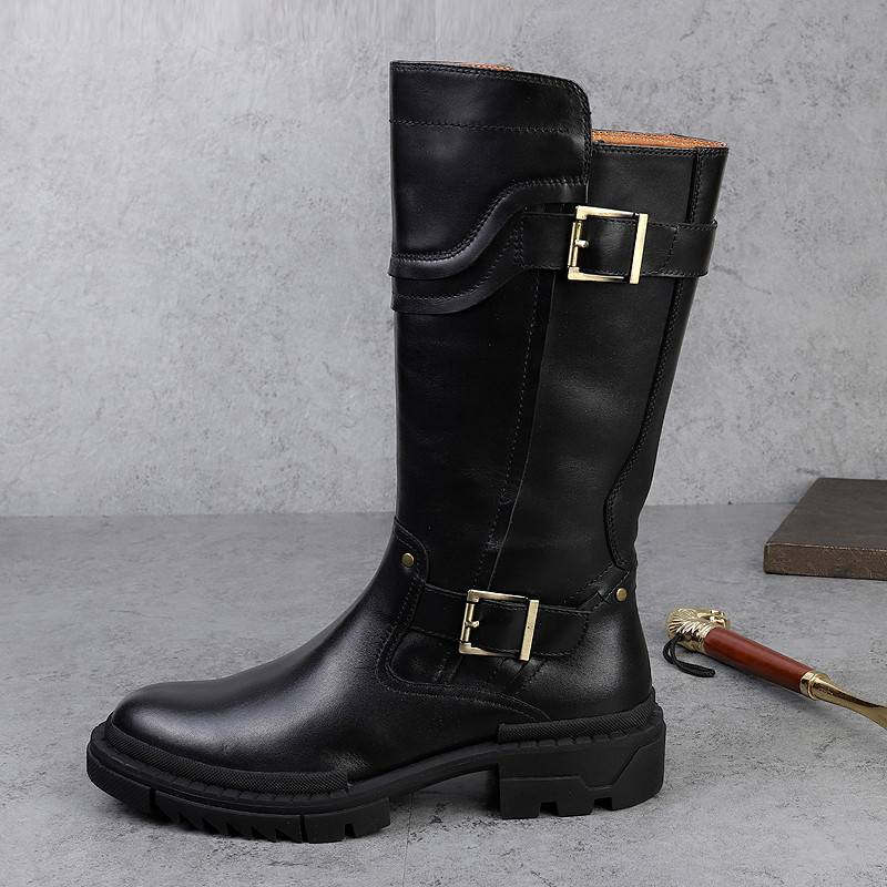 2023 new high boots leather horse boots long boots thick bottom winter trendy men's boots Korean cowhide boots Martin boots