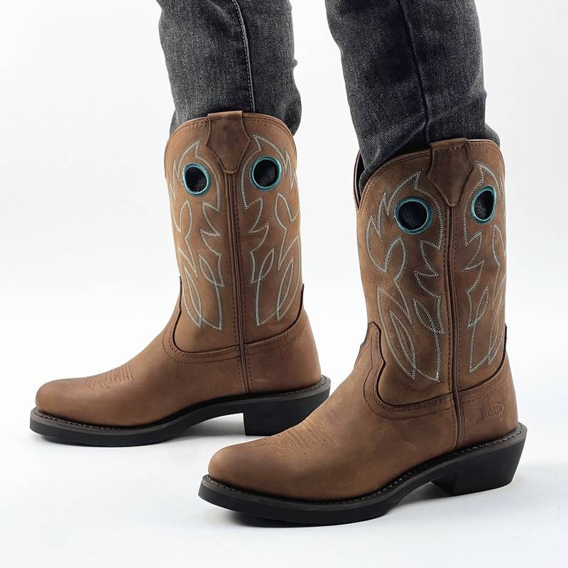 Little round pointed cowhide western denim denim boots male knight boots, car boots, fashion brown leather boots solidar