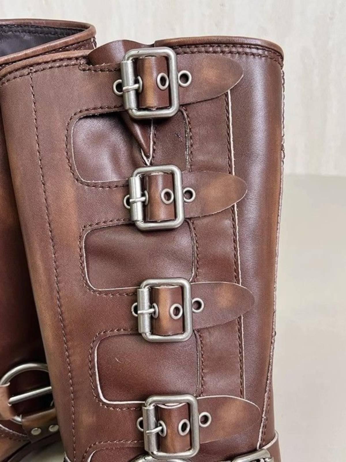 Belt buckle Western denim boots female 2024 new spring and autumn rough heel boots, but knee high tube Martin boots