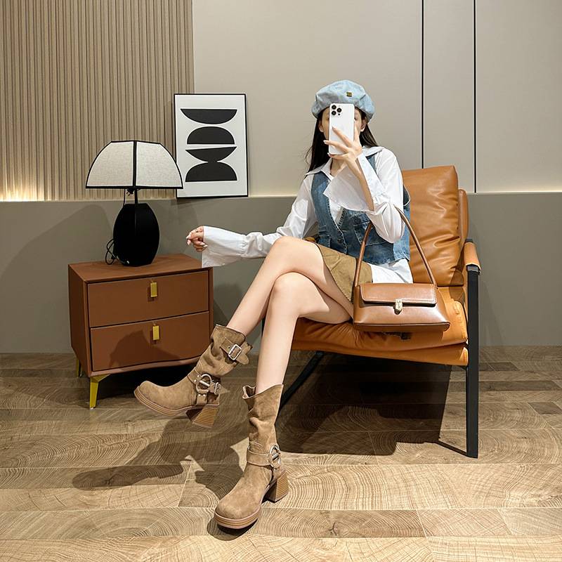 Inner increase and thick heels of western denim boots female 2024 new Martin boots sweet cool boots plus vintage lean boots