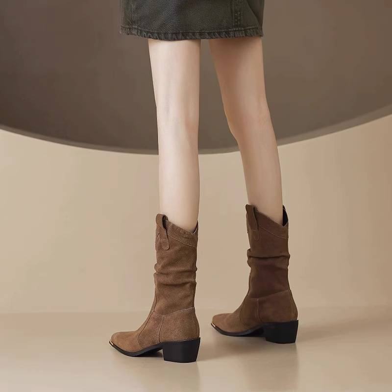 European and American denim boots 2024 autumn new pile of folds fold boots pointed retro thick heel short boots