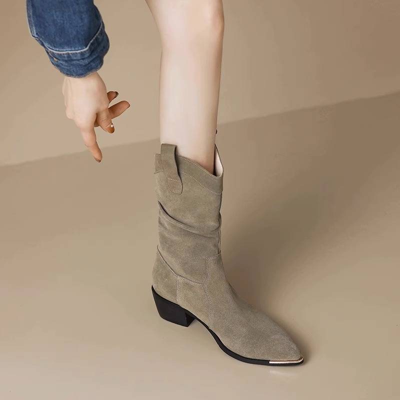 European and American denim boots 2024 autumn new pile of folds fold boots pointed retro thick heel short boots