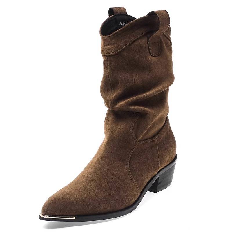 European and American denim boots 2024 autumn new pile of folds fold boots pointed retro thick heel short boots